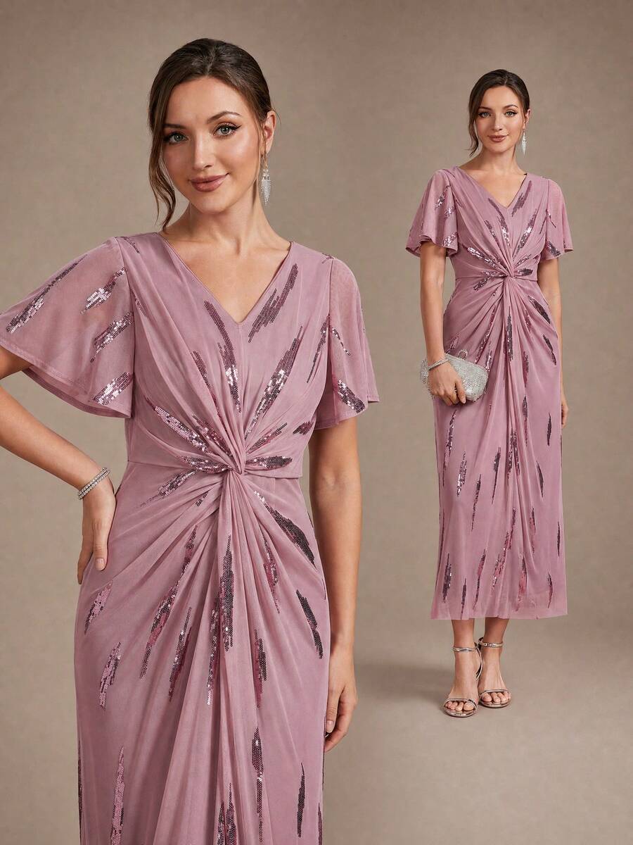 EVERPRETTY Elegant High Elasticity Comfortable Ruffle Tie-Knot Wrap Design Mid-Length Formal Evening Dress, Suitable For Wedding Guests, Brides, Mothers, Parties And Semi-Formal Occasions - Dusty Pink - View 1