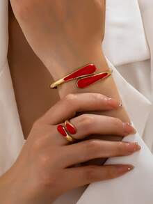 2pcs Fashion New Gold-Plated And Artificial Drip Red Water Drop Shape Women's Bracelet And Ring Jewelry Set - Golden Red - View 1