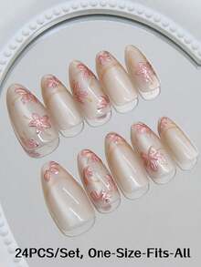 24pcs Handmade Reusable Full Coverage Nail Tips, Elegant Short Almond Shape Glossy Finish, Hand-Painted Pink Rose Red Floral With Shiny 3D Gold Outline Design, Natural Skin Tone Glossy Press-On Nails, Perfect Fit, Suitable For Women's Commuting And Daily Wear - Multicolor - View 7