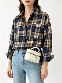 女款時尚經典藍色格紋襯衫，襯衫領帶口袋，無彈力常規下擺長袖上衣，休閒穿著，適合日常穿著 - 寶藍色 - 查看 6