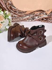Girls' Fashion Ruched Ankle Boots With Metal Ring Buckle, Side Zipper, Thick Sole, Retro Style - Brown - View 3