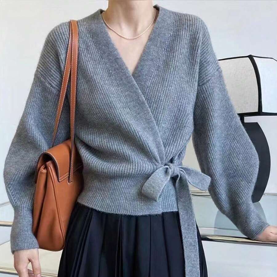 Damen Wickel V‑Ausschnitt Strickpullover, One‑Size Ballonlangarm Selbstbindende Taille Kurz Strickoberteil, Casual Einfarbig - Grau - Übersicht 1