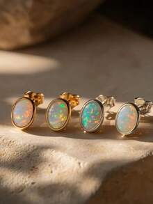 Tsnamer Minimalist Oval Opal Stud Earrings, White Opal Gemstone, Simple Geometric Jewelry, Fire Opal Mother's Day Gift - Yellow Gold - View 3