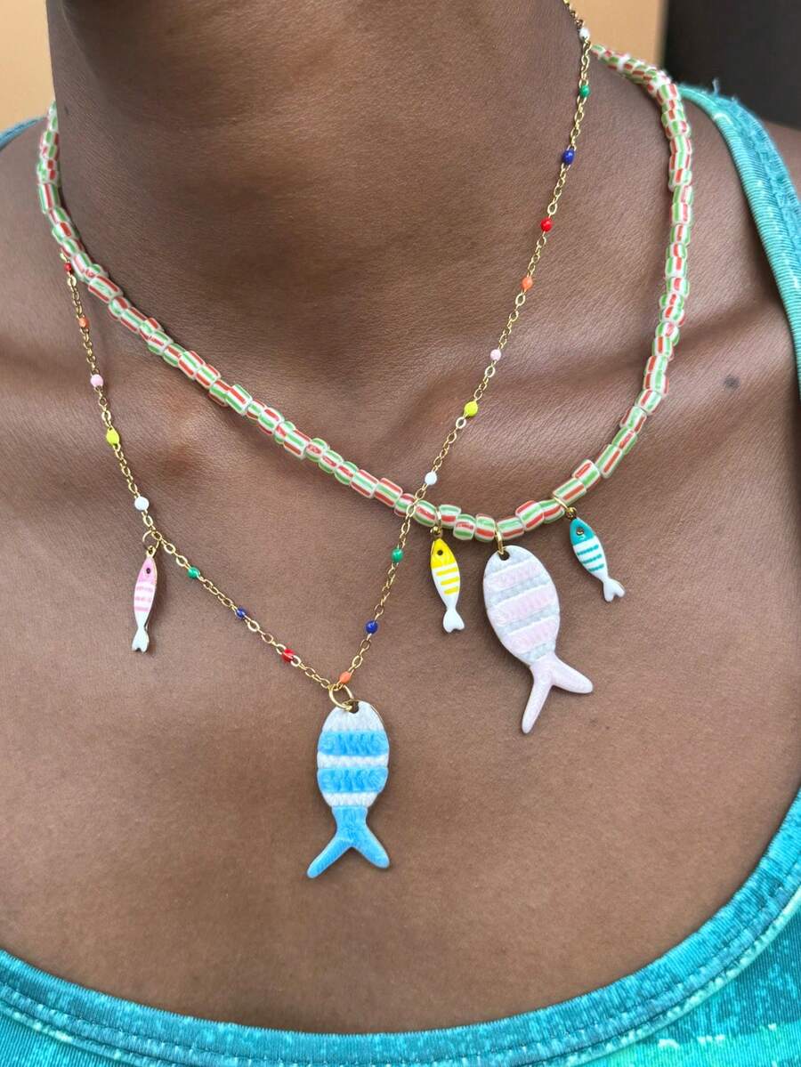 Fashion Striped Fish Pendant Necklace, Colorful Metal Chain With Beaded Chain, Layerable Jewelry Gift - Necklace - View 1