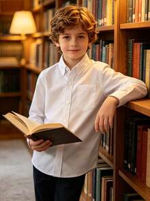 6-16 Years Old Boys' Long Sleeve White Dress Shirt, Suitable For Weddings, Formal Events, With Pockets - White - View 3