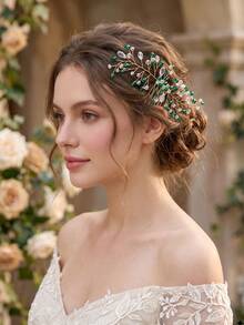 1pc Green Crystal Beaded Hair Comb Elegant Bridal Wedding Hair Vine Fairy Prom Party Hair Accessories - Multicolor - View 5