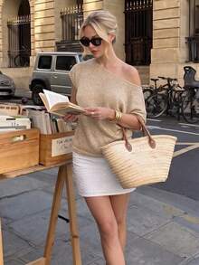 GLAMMY Spring/Summer New Textured Knit Cap Sleeve Top, Boat Neck Asymmetric Shoulder, Loose Fit Casual All-Match, Beach Vacation Vibe, Versatile Knit Blouse For Casual, Beach, Date Night, Country Music Festival - Apricot - View 1