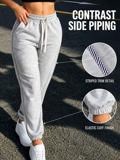 Women's Autumn Outfit, Loose Wide Leg Cuffed Sports Pants, Women's Fitness Apparel, Drawstring Waist Design, Side Stripes, Suitable For Hiking, Women's Autumn Outfit, Christmas Gift For Girlfriend, Women's Halloween Costume