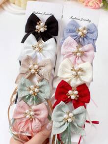 8pcs/Set Women's Multi-Color Pearl Diamond Floral Jacquard Ribbon Textured Fabric Bow Hair Clips, Side Bang Clips, Minimalist Bang Clips, Sweet Versatile Hair Accessories, Bird Beak Side Clips, Hair Ornaments, Suitable For Daily Wear - Multicolor - View 3