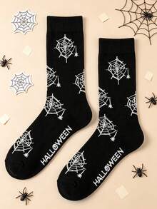 1 Pair Of Men Crew Sock, Halloween Spider Web Pattern Socks, Soft Breathable Holiday Themed Socks, Ideal Gift For Men For Halloween Party - Multicolor - View 1