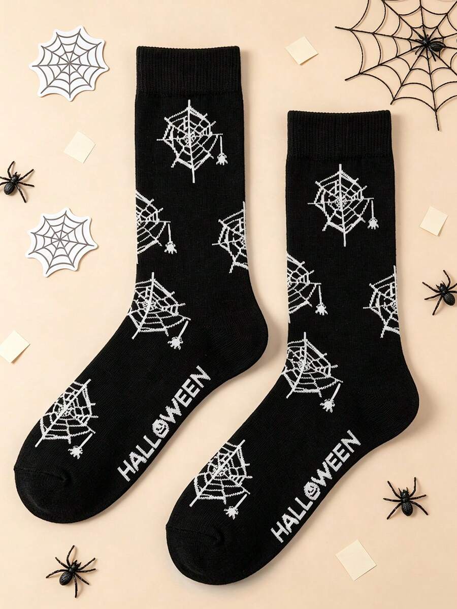 1 Pair Of Men Crew Sock, Halloween Spider Web Pattern Socks, Soft Breathable Holiday Themed Socks, Ideal Gift For Men For Halloween Party - Multicolor - View 1