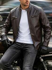 Men's Outdoor Faux Leather Jacket, Motorcycle Style, Vintage, Suitable For Motorcycle Riding, Outdoor Activities, Men's Leather Jacket Sports Autumn Style - Coffee Brown - View 2