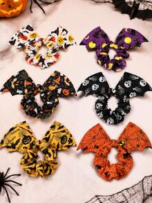 1pc Halloween Large Bat Wing Headband With Scary Pumpkin Bat Tombstone Pattern Witch Spider Web Print Hip-Hop Style Big Round Design, Soft Comfortable Fashionable Styling For Back Bun High Ponytail Medium Long Hair Tie, Suitable For Halloween Party And Holiday Gift Multi-Functional Accessory - Multicolor - View 6