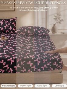 1pc Black & Pink Bow Pattern Fitted Sheet, Mattress Protector, Mattress Cover, Fitted Sheet, Soft & Breathable, Fits All Bed Sizes - Twin, Full, Queen, King, Deep Pocket Up To 11.8 Inches, Machine Washable. Back To School, Dorm Essentials - Black - View 4