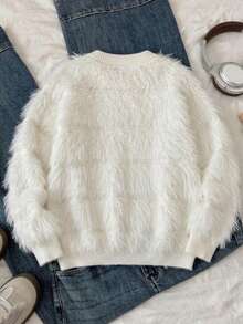 Girls Elegant Solid Color Faux Mink Fur Round Neck Sweater Long Sleeve Knit Pullover Suitable For Daily Casual Spring Autumn Winter - White - View 5