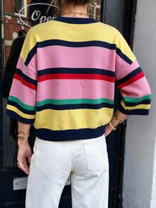 Women's New Autumn Colorblock Striped Knit Top, Casual Daily Commute, Preppy Style - Yellow and Pink - View 9