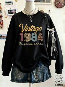 Women Cotton Crew Neck Loose Sweatshirt For Autumn Vintage 1984 Original Parts Print Long Sleeve Black Casual Street Sport Style - Black - View 3