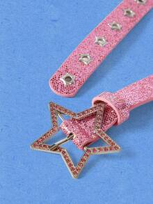 Popjeli 1pc Women's Y2K Star Series Star-Shaped Rhinestone Carved Metal Hollow Star Decor Jeans Belt - Pink - View 4
