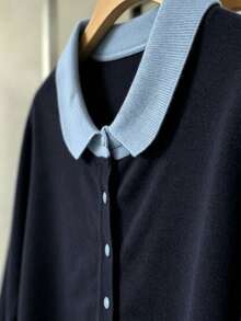 French Style Colorblock Lapel Knit Cardigan, Minimalist Single-Breasted Loose Fit Versatile Sweater Jacket - Navy Blue - View 3