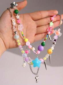 Candy Park Colorful Beaded Bow & Star Necklace, Flower Bracelet, Niche Gentle Cute Jewelry For Women's Daily Wear - Multicolor - View 2