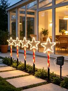 1 Set 5‑In‑1 Solar Powered Christmas Star Stake Lights, Candy Cane Pole LED Lawn Lights, Outdoor Waterproof Festive Accent Lamps For Garden Path, Porch, Yard, Xmas Party Scene Layout - Multicolor - View 3
