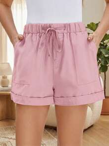 Plus Size Women's Solid Color Casual Pocket Shorts Pink Summer - Pink - View 1