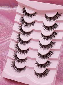 7 Pairs Fluffy Thin Natural Long False Eyelashes, Full Length Winged Strip Lashes, Lightweight And Reusable, Suitable For Daily, Wedding And Holiday Makeup - Black - View 4