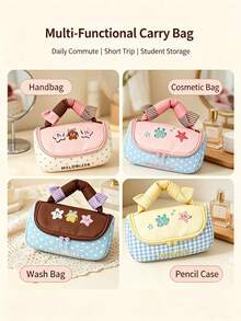 1PC/6PCSSweet Aesthetic Embroidered Cosmetic Bag, Handheld Travel Makeup Organizer, Large Capacity Zipper Toiletry Storage Pouch, Plaid Polka Dot Design, Cute Cartoon Pattern For Girls Daily Travel Cosmetics Accessories Storage - Multicolor - View 7
