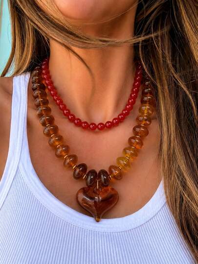 2/1pc Fashion Elegant Sophisticated Casual Vintage Red & Brown Necklace Set For Women, Vacation Party Date Travel Shopping Beach Daily Wear Versatile Combination
