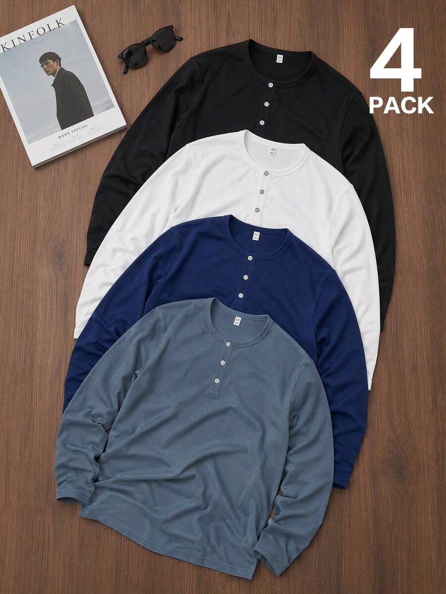 Men's Spring/Autumn New Casual Minimalist Henley Collar Long Sleeve Tops 4-Piece Set, Suitable For Daily Commute And Vacation Wear - Multicolor - View 1