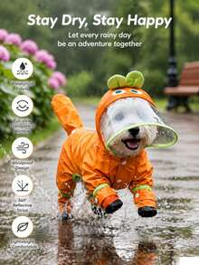 Orange Carrot Style Waterproof Dog Raincoat Set, Includes 1pc Raincoat And Waterproof Leash, Multiple Colors Available, Windproof And Fully Waterproof, Full Coverage Design, With Special Fasteners, Non-Slip Rubber Sole, Adjustable Hook And Loop, Full Paw Coverage And Reflective Strips - Multicolor - View 9