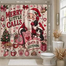 1 pieza/4 piezas Juego de cortina de ducha con decoración de baño vintage rosa de Papá Noel con llamada telefónica multifunción, 12 ganchos gratis, atmósfera festiva premium, alfombra de baño, alfombra de piso en forma de U y tapa de inodoro redonda, adecuado para todas las escenas de decoración navideña - Papá Noel llama por teléfono - Ver 13