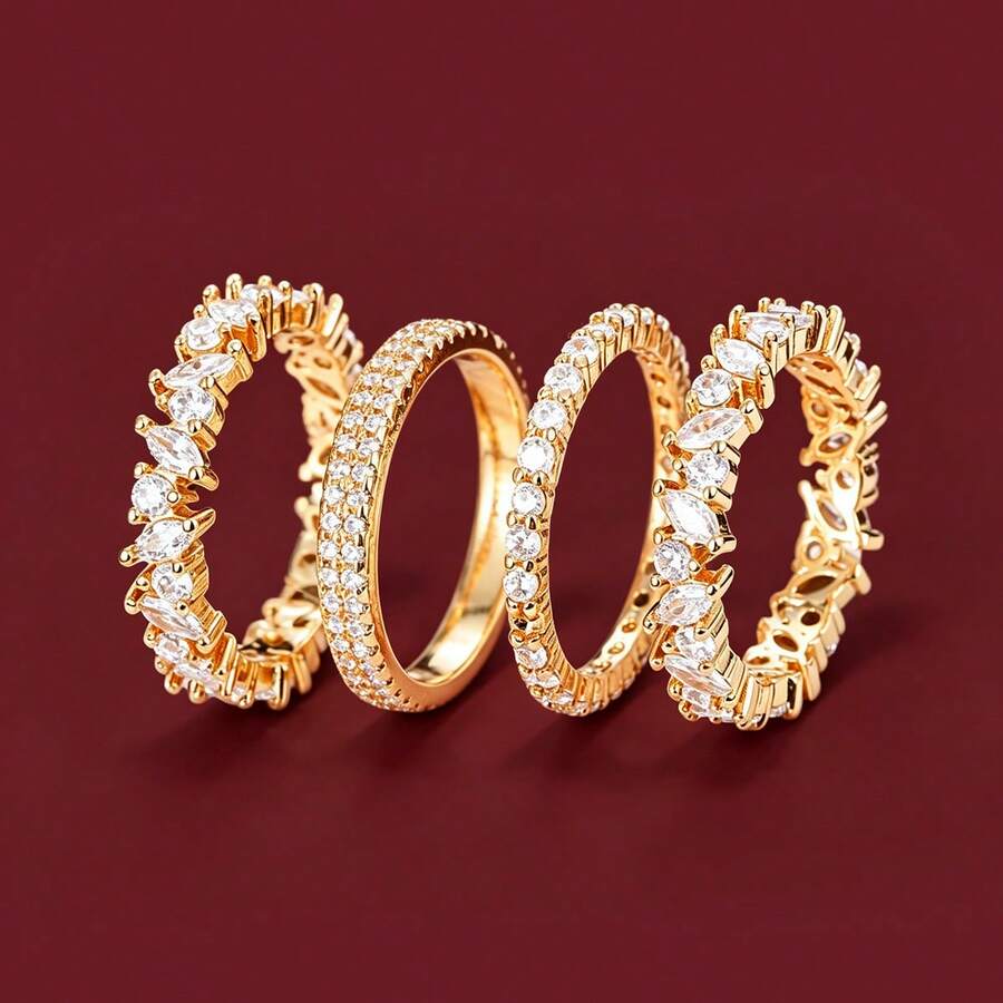 4pcs Minimalist Cubic Zirconia Rings For Women, Suitable For Daily Wear - Multicolor - View 1