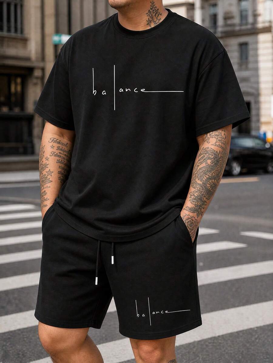 Plus Size 2-Piece Set: Men's Summer Casual 2-Piece Set, Crew Neck T-Shirt With "Balance" Print And Elastic Waist Shorts - Black - View 1