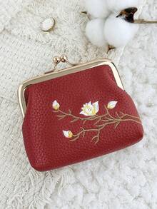 時尚花卉刺繡外觀,多功能且緊湊設計,附夾式開關,便攜式零錢包與卡包 - 酒紅色 - 查看 3