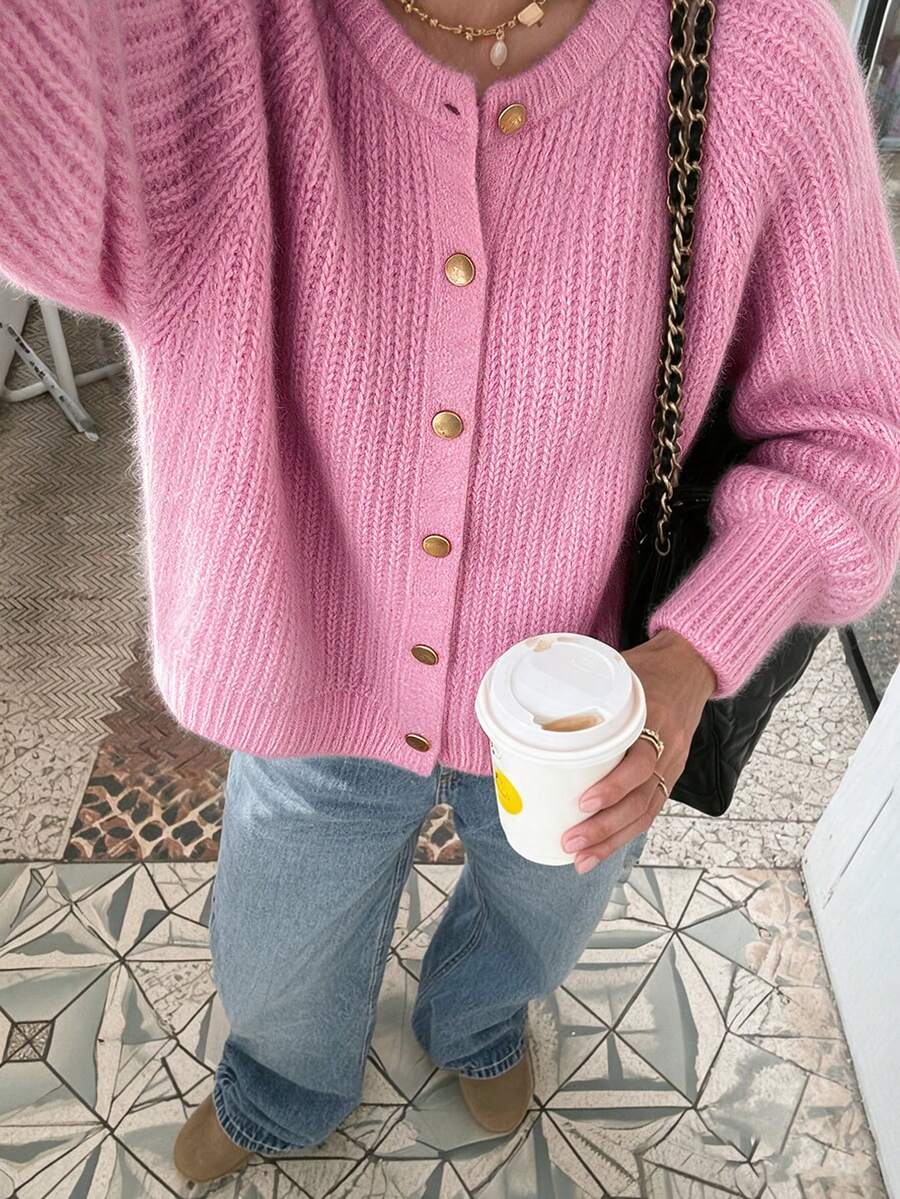 SEREN Comfortable Women's Pink Cardigan, Long Sleeve Regular Fit Crew Neck Sweater, Button Front Design, Suitable For Autumn - Pink - View 1
