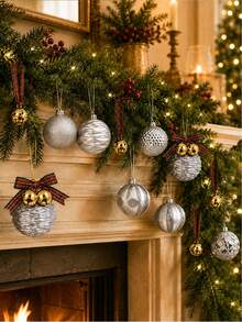 1/6/12/24pcs Silver Christmas Ball Ornament Set With Gold Bells And Plaid Ribbons, Assorted Color Christmas Tree Hanging Balls, DIY Holiday Decoration For Gift Wrapping, Fireplace, Home And Holiday Party Decor - Multicolor - View 6