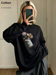 Oversized Women's Sweatshirt For Autumn/Winter, Casual Daily Wear, Long Sleeve Hoodie, Outerwear Top, Y2K, Letter Slogan Graphic, Unisex,Black - Black - View 3