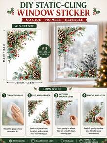 SupSticker 1PC Christmas Window Clings, Reusable No-Glue Static PVC Decals, Pine Branch Red Berry Pinecone Decor For Home Office Shop Glass Doors - IPC - View 10