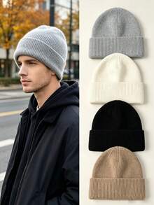 Unisex Solid‑Colour Knitted Beanie Hat, Stretchy Rib Cap For Autumn Fall Street Style Casual Daily Outdoor Wear - A - View 1