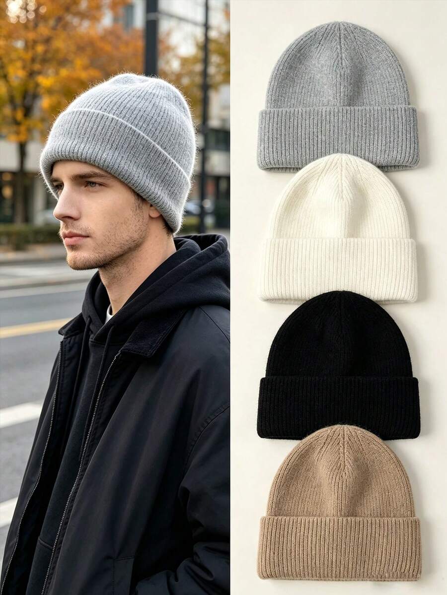 Unisex Solid‑Colour Knitted Beanie Hat, Stretchy Rib Cap For Autumn Fall Street Style Casual Daily Outdoor Wear - A - View 1