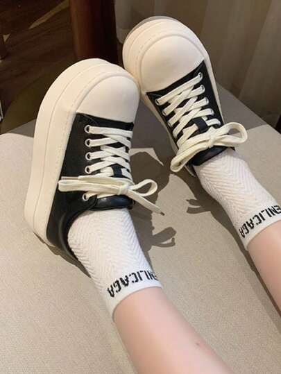 Women's Round Toe Lace-Up Thick Sole Shoes, Beige Ultra-Thick Platform Height-Increasing Casual Shoes, Suitable For College Daily Wear