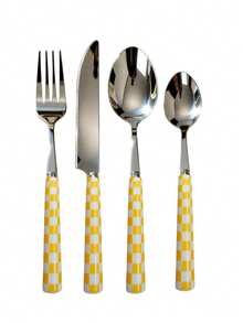 4/24pcs Unique Checkered Pattern Stainless Steel Tableware Set, Beautiful And Elegant Porcelain, Multiple Colors, Including Ceramic Handle Silverware, Creative Kitchen, Including Forks, Table Knife, Spoons, Dessert Spoon, Suitable For Daily Dining - Multicolor - View 20