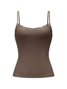NOIRLYN Women's Tank Top Spring Summer Y2K Sexy Slim Fit Lace Patchwork Camisole Brown Casual - Brown - View 9
