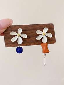 1 Pair Casual Fashion Asymmetric Floral Contrast Color Earrings Suitable For Women's Daily Wear - Silver - View 6
