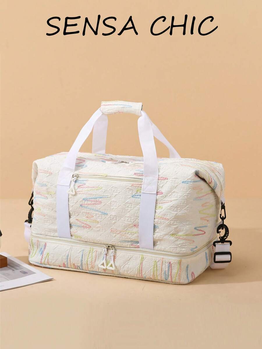 Travel Luggage Bag With 3D Diamond Quilted Embossed Texture, Colorful Line Print, Front Zipper Pocket For Quick Access To Small Items, Dual Short Hand Straps And Adjustable Long Crossbody Shoulder Strap, Suitable For Gym Training, Outdoor Trips, Short-Distance Travel And Luggage Storage