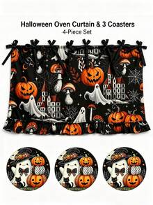 Halloween Theme Oven Curtain, Printed With Ghost, Pumpkin And Black Cat Patterns; Farmhouse Style Kitchen Decor And Cabinet Accessory, Featuring Ruffle Hem And Top Tie Design, Creating A Festive Country Kitchen Atmosphere - Multicolor - View 9
