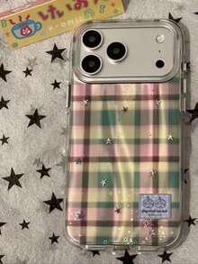 Ins Style Semi-Transparent Fine Glitter Star Brown Plaid Phone Case Compatible With Iphone 17 Pro Max, 16 Pro, 15, 14, Niche Girly Minimalist Fresh Cartoon Cute - Green - View 1