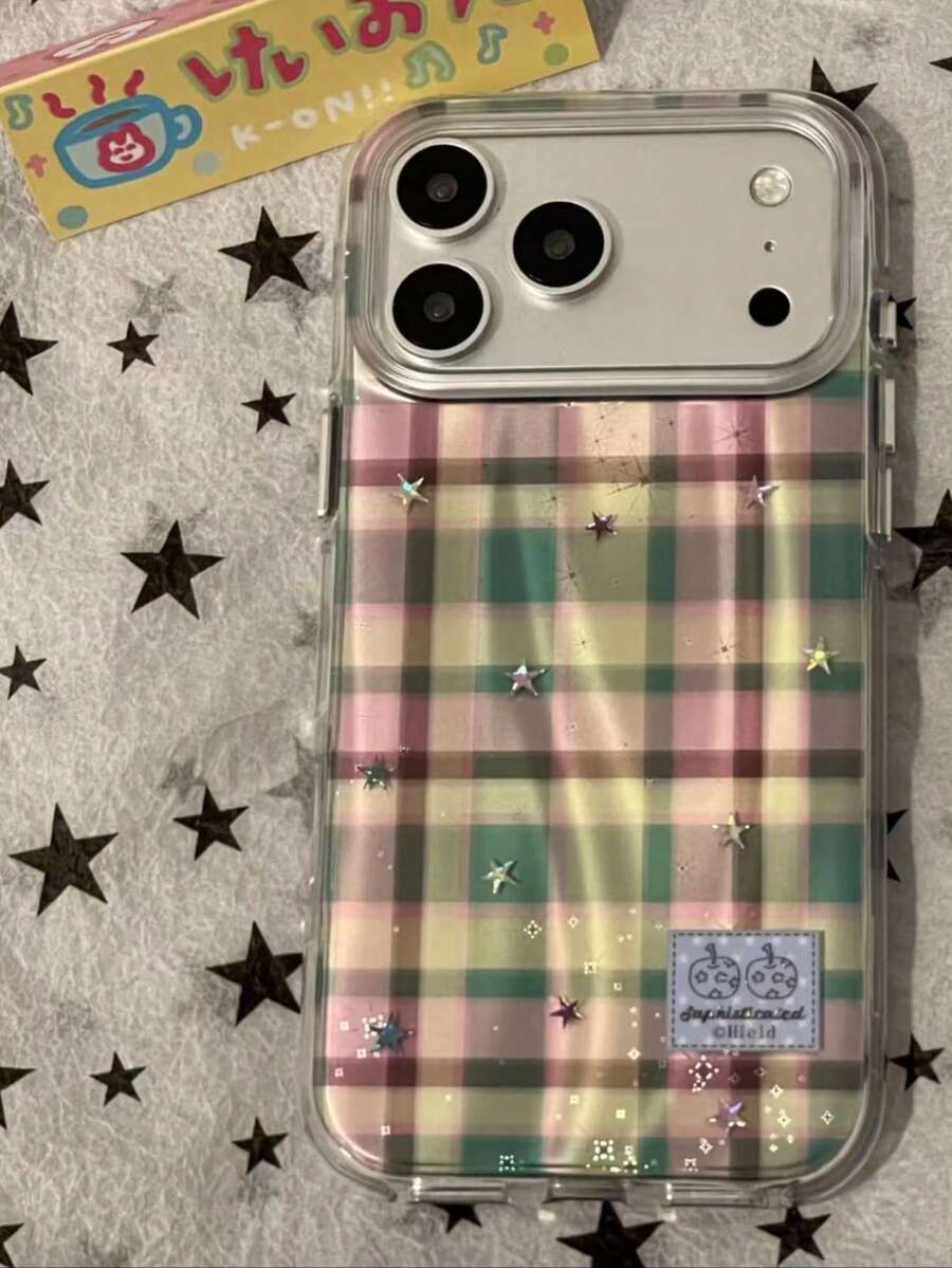 Ins Style Semi-Transparent Fine Glitter Star Brown Plaid Phone Case Compatible With Iphone 17 Pro Max, 16 Pro, 15, 14, Niche Girly Minimalist Fresh Cartoon Cute - Green - View 1