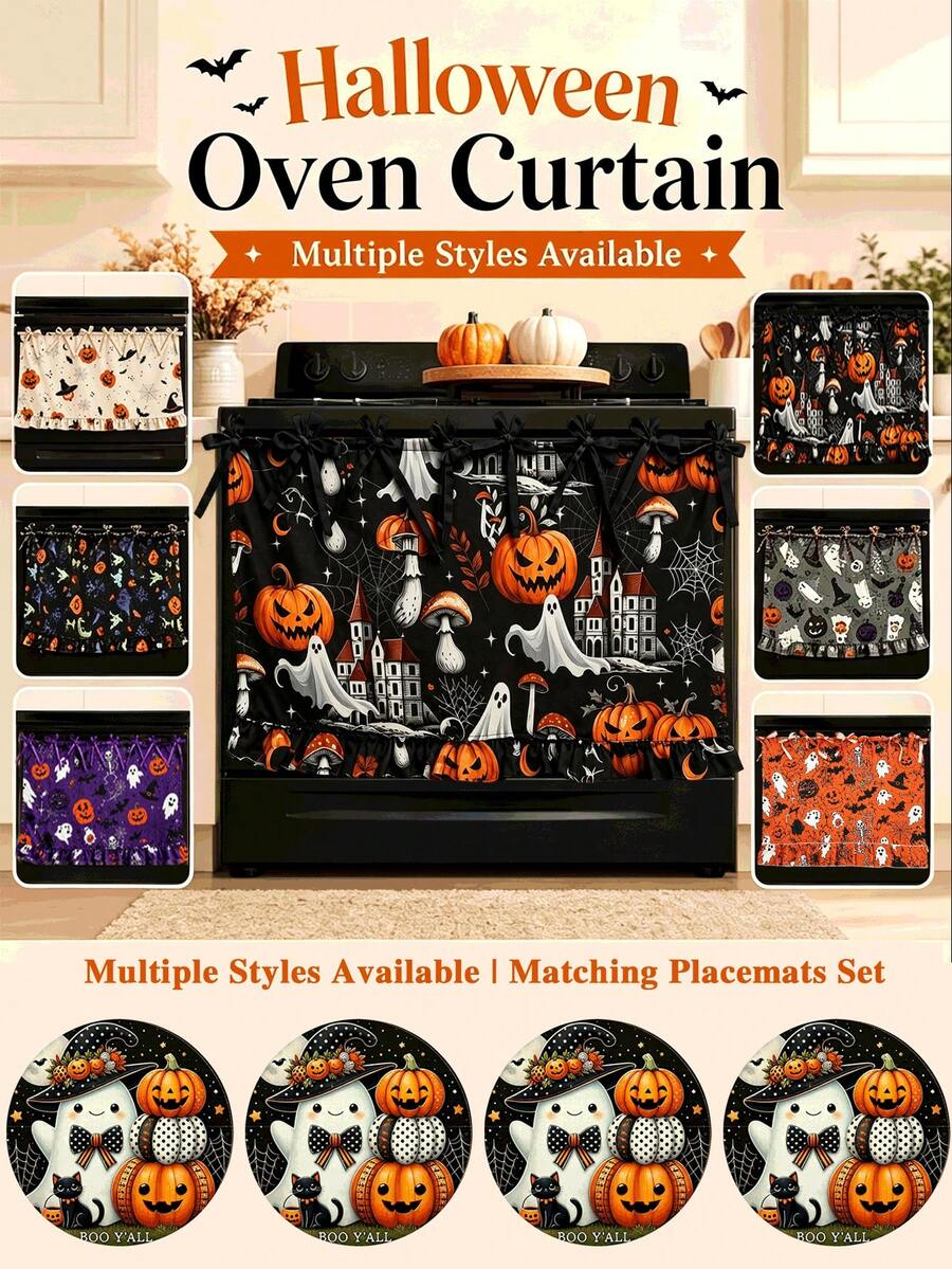 Tirai Oven Bertema Halloween, Dicetak dengan Pola Hantu, , dan Kucing Hitam; Dekorasi Dapur dan Aksesori Kabinet Gaya Rumah Pertanian, Menampilkan Tepi Bergelombang dan Desain Tali Atas, Menciptakan Suasana Dapur Pedesaan yang Meriah - MultiWarna - View 1